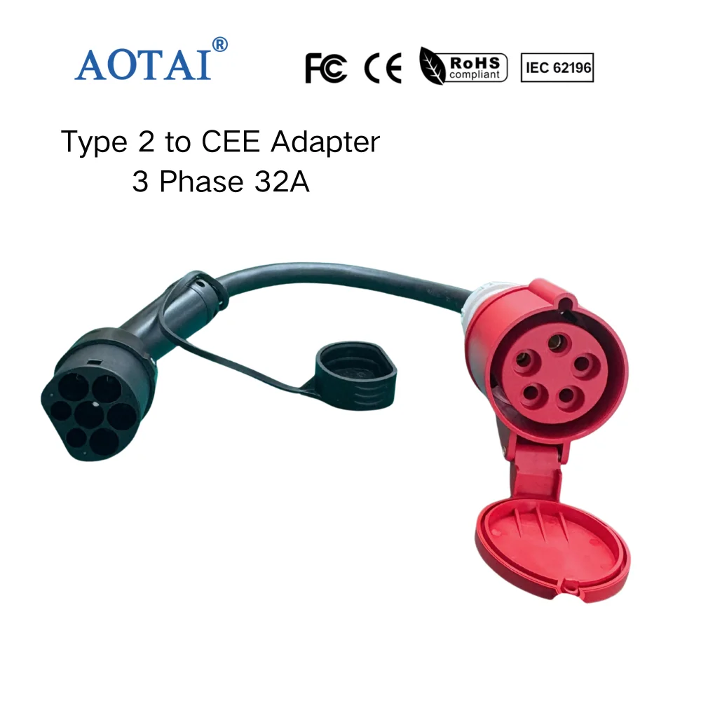 AOTAI Type 2 to 32A 5 Pin CEE Industrial Plug Adapter Cable 3 Phase EV Charging Station Extension 22kW 400V