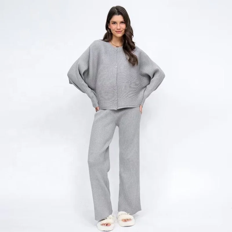 Autumn and Winter Loose Bat Sleeve Knitted Single breasted Sweater High Waist Wide Leg Pants Knitted Set for Women