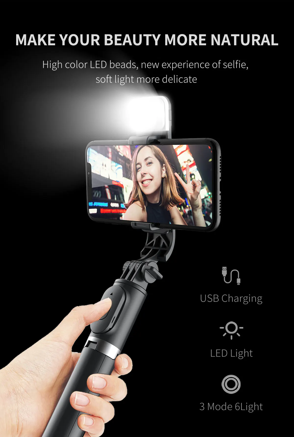 High Quality 1045mm Q02s LED Fill With Light 360 Degree Rotation Wireless Tripod Mini Selfie Stick for Living Streaming