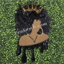 Direct Factory Custom Afro Black Girl Iron-On Embroidery Sequin Patch Heart and Flower Shape Beaded Fabric Decoration for Hat