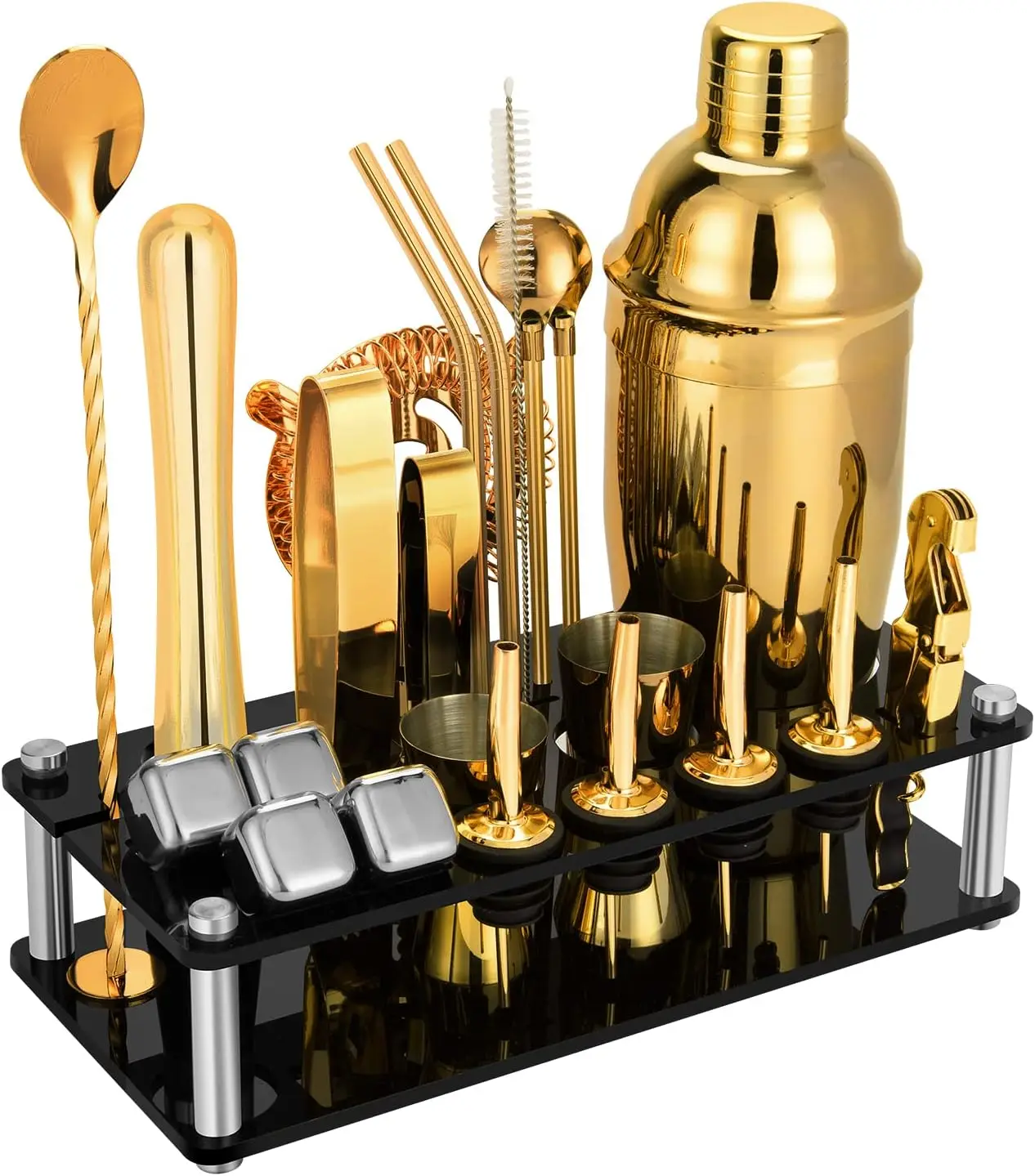 Factory 23-Piece Gold Boston Shaker Set Stainless Steel Cocktail Shaker with Bamboo Stand Bar Tool Kit with Custom Logo