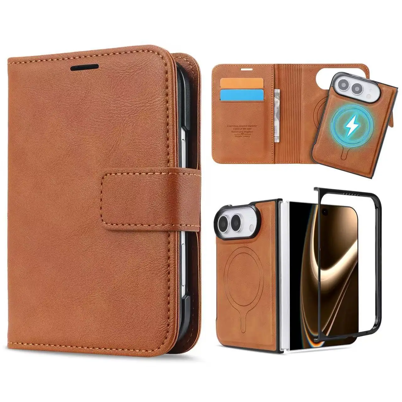 Coque de téléphone pliable en similicuir de luxe, faite à la main, pour Duo – Coque protectrice transparente, antichoc et magnétique