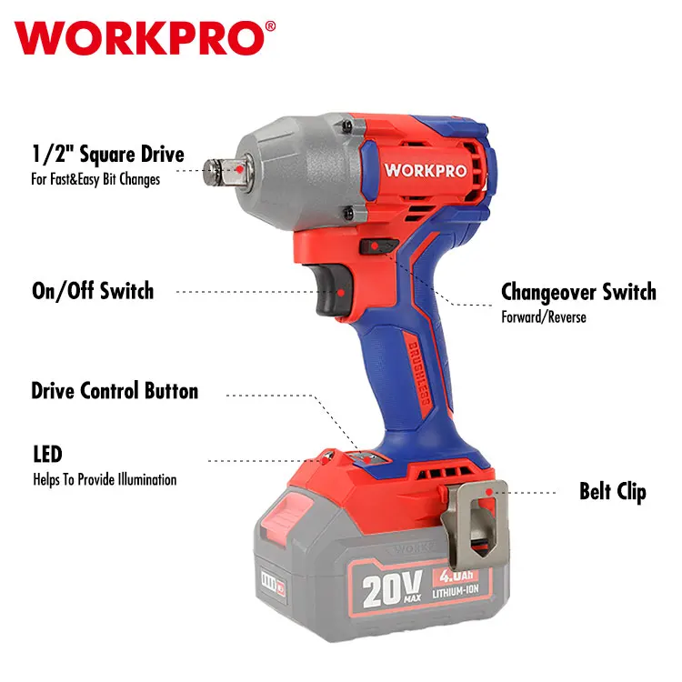 Workpro 20v Brushless Impact Wrench 1/2 Inch Cordless Electric Impact ...