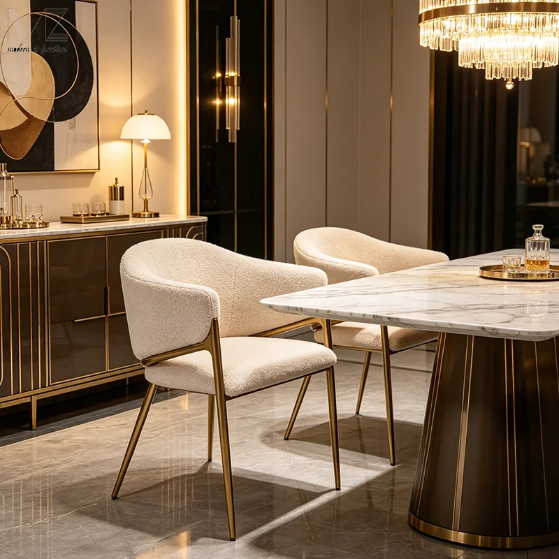 European Style Dinning Room Furniture Cafe Modern Luxury Kitchen Chairs Stainless Steel Boucle Accent Dining Chair With Gold Leg