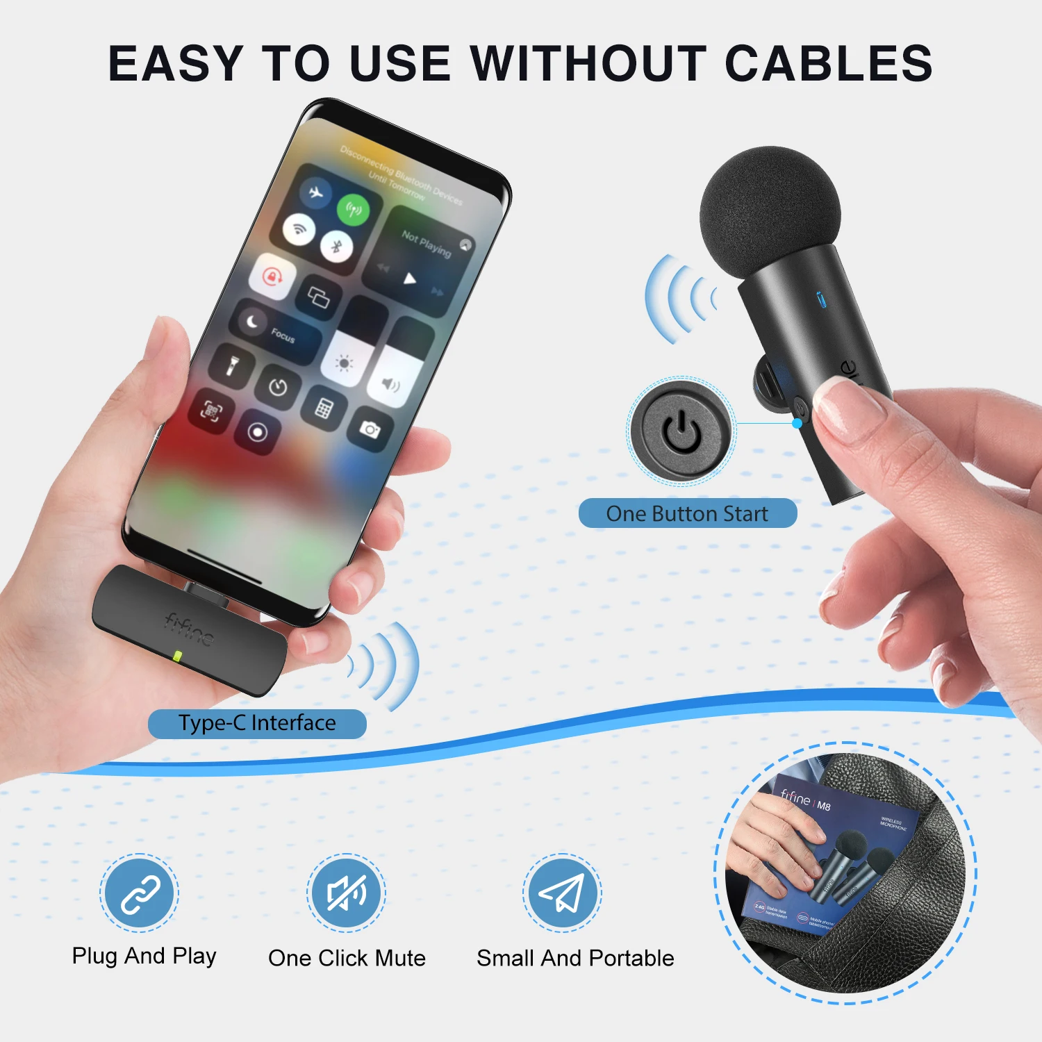 For Fifine M8 2-in-1 Clip-on Lapel Microphone Wireless Omnidirectional Microfono Inalambrico Mini Microfone for Recording