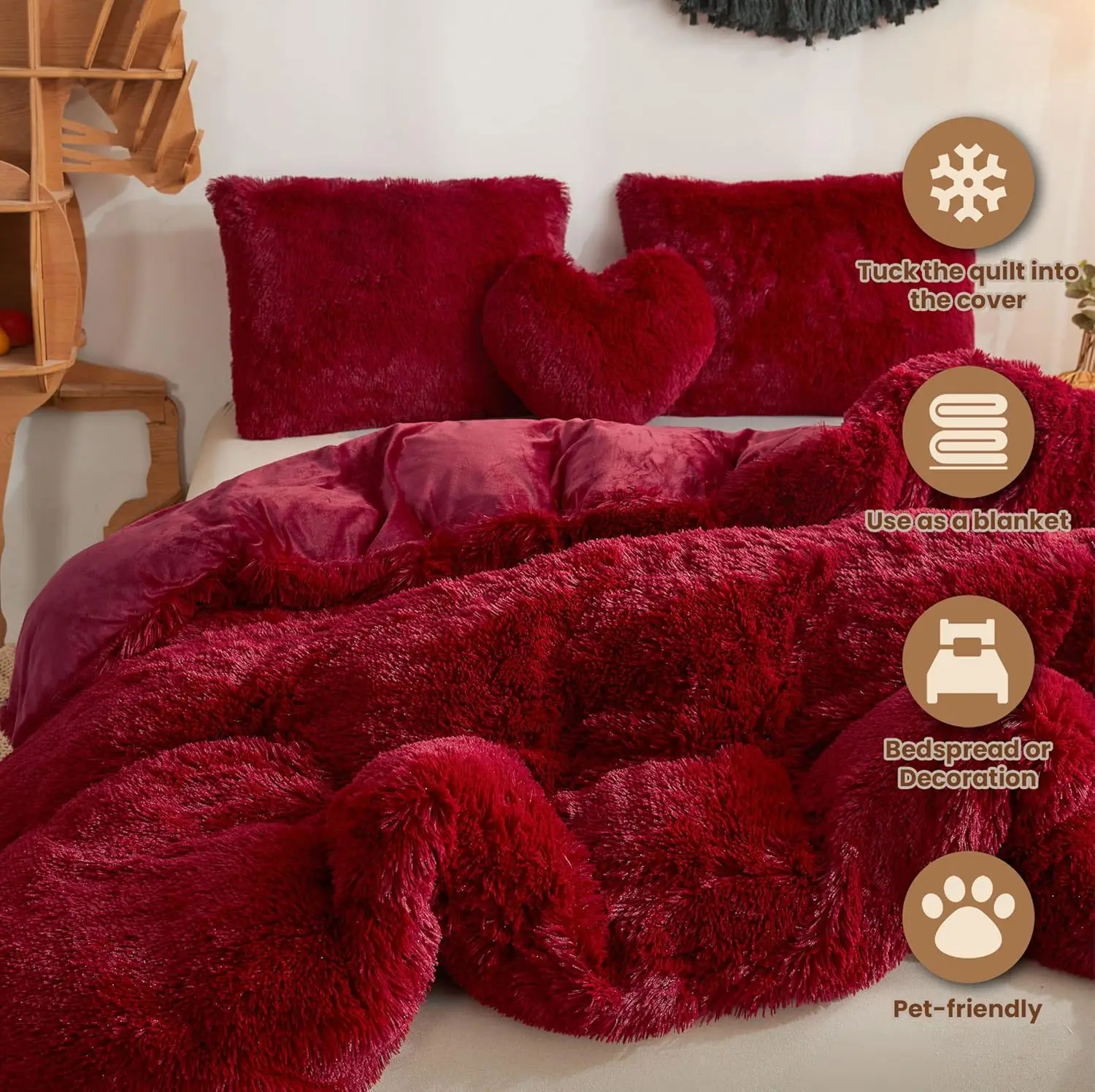Shop Our Red Solid Color Bed Sheet Set with Fleece Faux Fur
