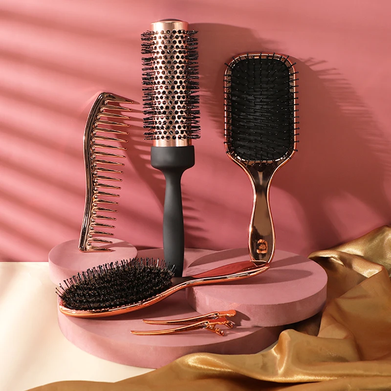 Rose Gold 5 in 1 Packing Colorful Boar Paddle Brush Ceramic Detangling Hairbrush Hair Extension Brush With Clip and Comb Set