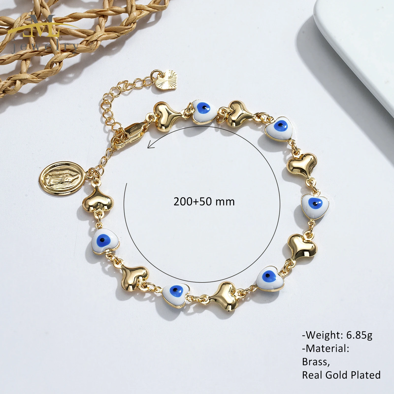 Jml Gold Plated Evils Eye Bracelet With Virgin Mary Heart Charm ...