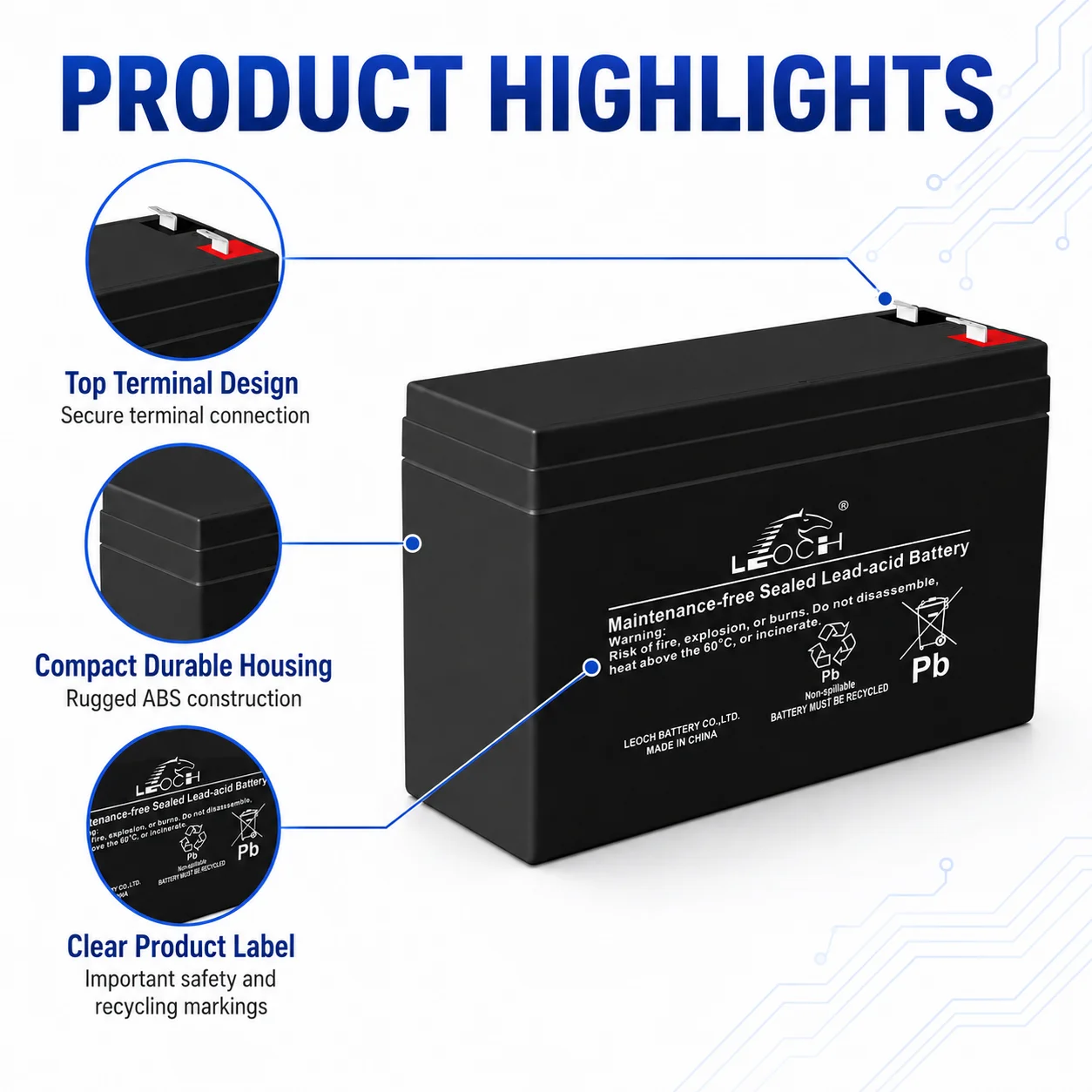 LEOCH LP12-0.8 Battery - 12V 8AH Maintenance-Free Lead-acid