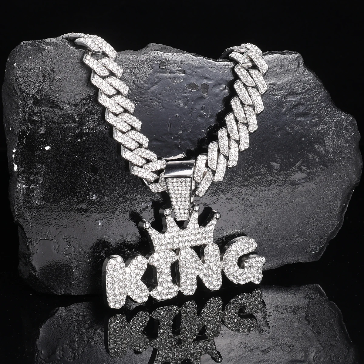 Hip Hop Crown King Pendant Necklace with Iced Out Cuban Link Chain for Men - Bling Rapper Pendant Jewelry