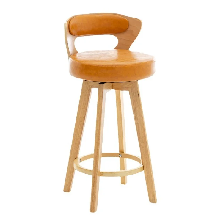 Solid Wood Modern Simple Back Swivel Elegant Stool Kitchen Tall Dining Chairs Italy Wooden and Leather Bar Chair for Bars