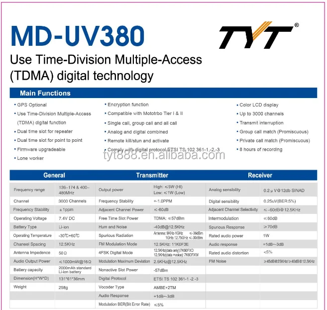 Tyt Md-uv380 Gps Walkie Talkie 5km Dmr Digital Two Way Radio Vhf/uhf ...