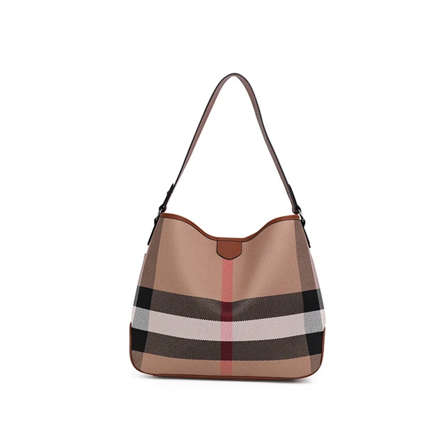 Cowhide with canvas  Plaid Leather Women's Handbag Luxury Style Bucket Bag Custom Logo Cow Leather Messenger