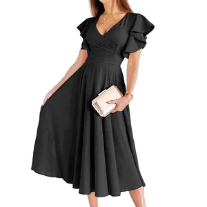 Wholesale New Women's V-neck Elegant Dress Ruffled Solid Color Fashion High Waist Dress