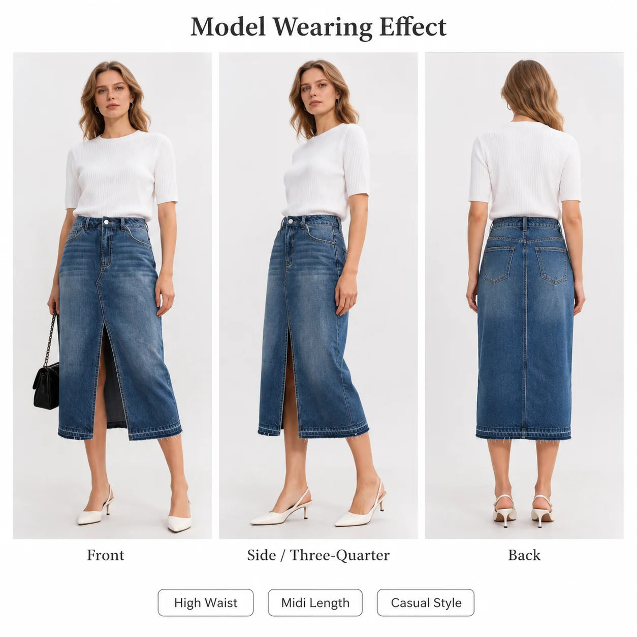 Washed Denim Midi Skirt with Front Slit High Waist Frayed Hem Casual Bodycon Skirt for Women