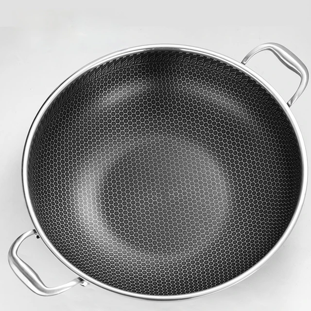 304 Stainless Steel Frying Pan 32cm Honeycomb Nonstick Wok with Double Ears Steel China Wok