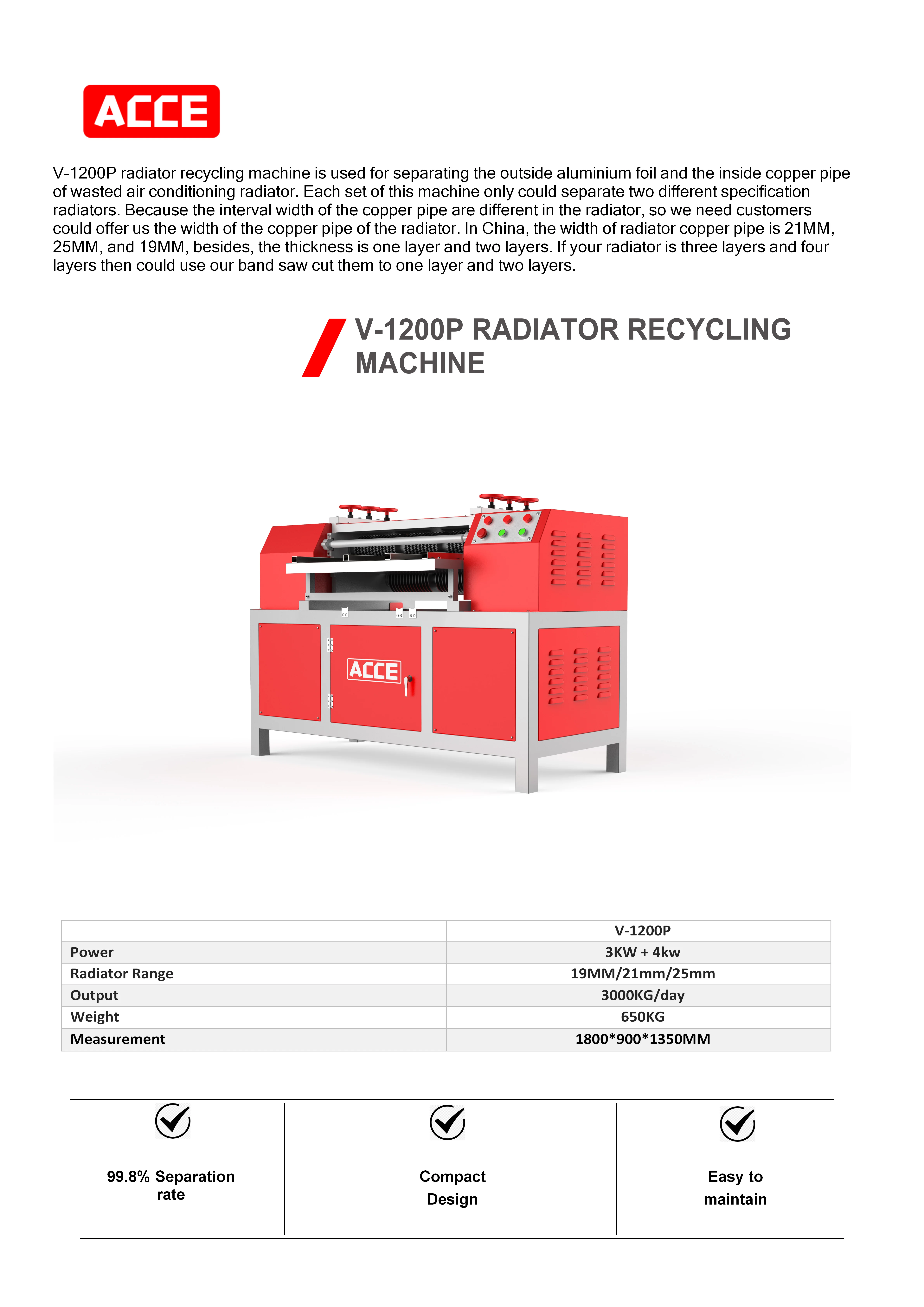 V1200p Waste Radiator Recycling Machine With Good Quality Radiator