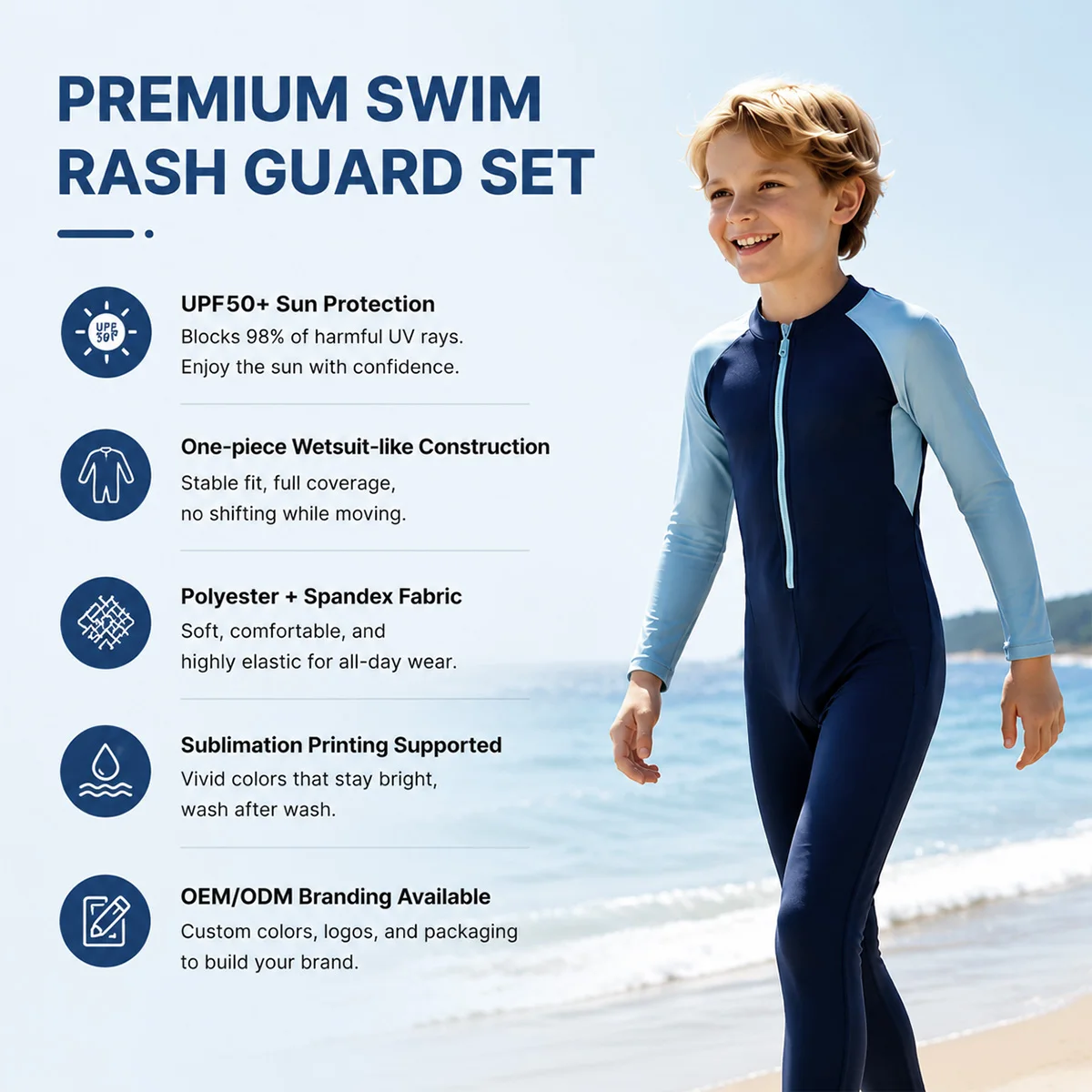 Custom Boys Long Sleeve UV Sun Protection One Piece Swimsuit Kids Full Coverage Wetsuit Swimwear for Pool and Beach