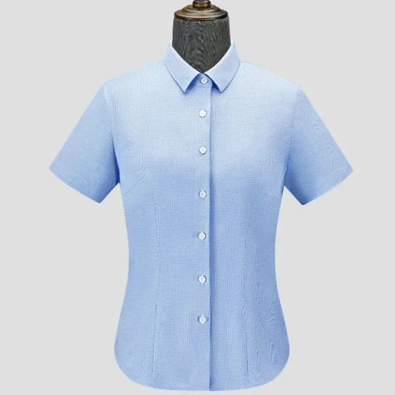 Hot Selling Summer Woman Working Office V Neck Blue Formal Blouse Solid Anti-Wrinkle Polyester Silk Workwear Uniform Shirts manufacture