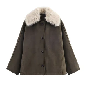 2025 Women's New Fashion Autumn Winter Coat Retro Single-Breasted Style Long-Sleeved Faux Fur Collar Button Breathable