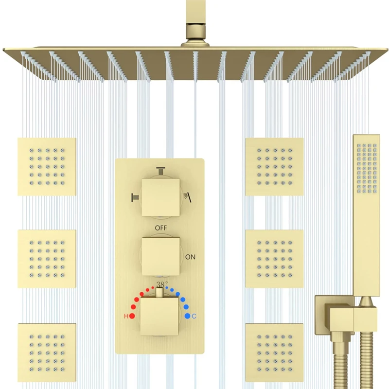 Brushed Gold Rain Shower System Set Large Bathroom LED Shower Head ...