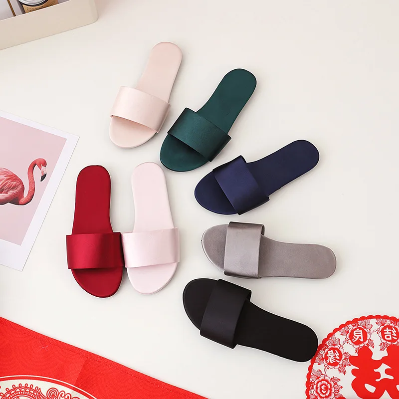 Custom Cute Open Toe Sandals Home Indoor Bride Wedding Favor Satin Slides Royal Blue Satin Bedroom Slippers for Women