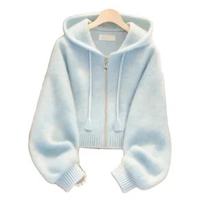 Autumn Soft Candy Color Knitted Sweatshirt Loose Fluffy Hooded Pullover Knitwear Sweater for Women