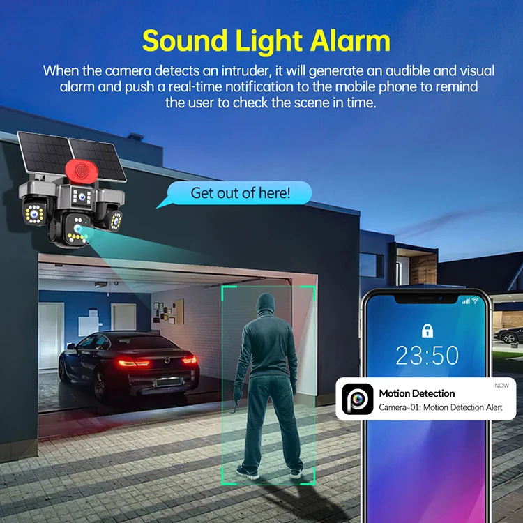 Outdoor solar PTZ camera with built-in microphone and two-way audio