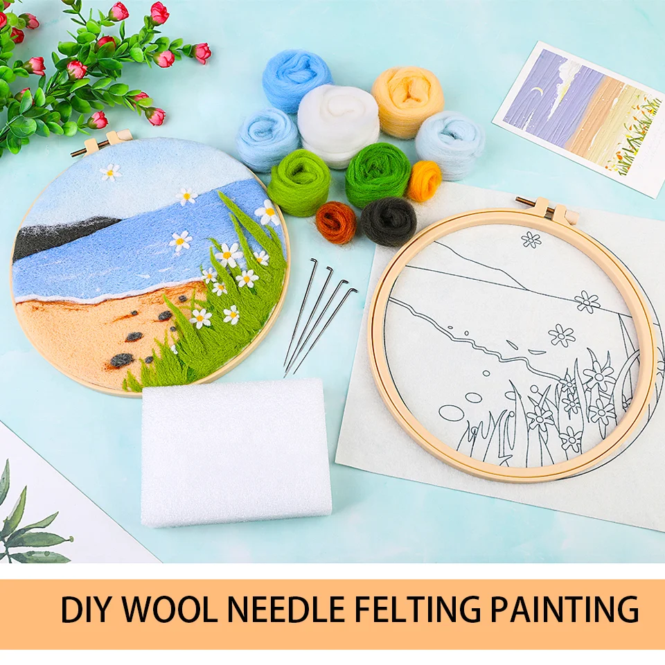 CHENISTORY 20x20cm Felt Painting Flower Picture Handmade Wool Needle  Felting Kits Handmade Decor Home For Adults kids gift