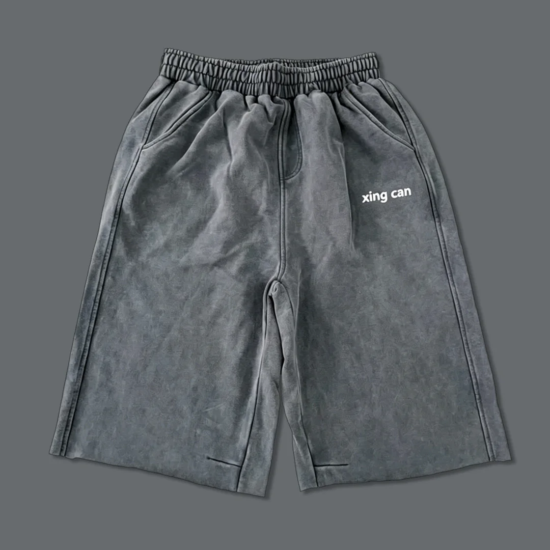 Nejprodávanější premium bavlněné mužské krátké kalhoty s kyselinovým ošetřením, retro styl, streetwear, velkoobchodní vlastní tisk DTG, lemování kovovými kameny, vyšívání