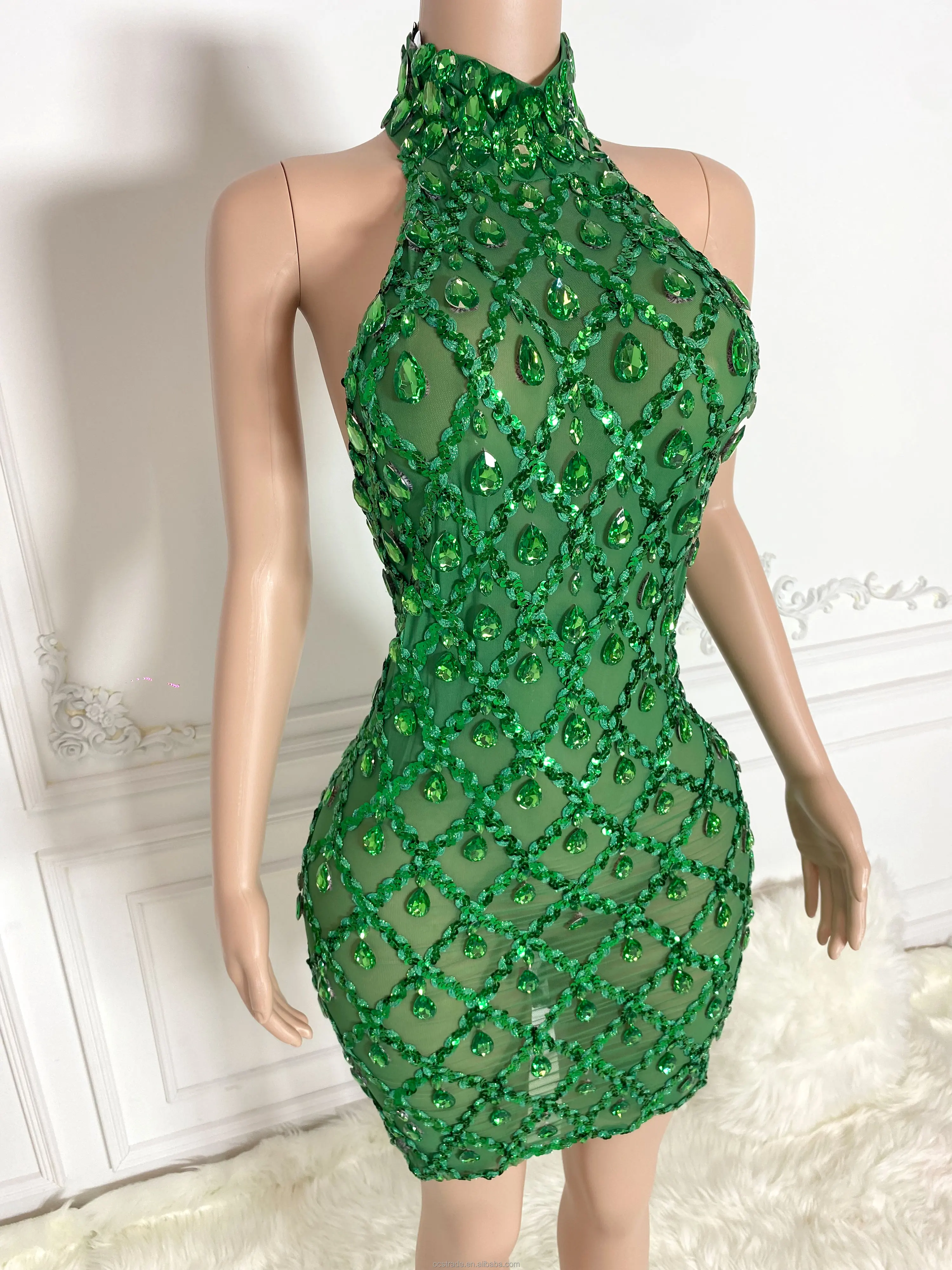 forksy❁︎dress・green Olive Green Party Dress - Elegant Mesh Dress with Rhinestones