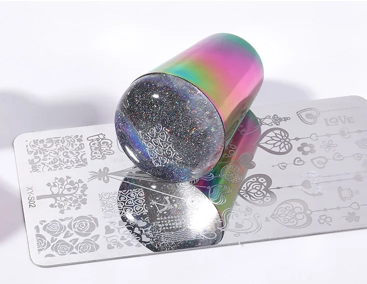 BIN Rainbow Handle Nail Stamper Shiny Holographic Head Silicone Stamper for Nail Art Stamping Plate