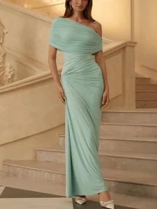 STOCK Off Shoulder Women Dress Pleated Maxi Dress Slim Fit Party Evening Vestidos Robe S-XL