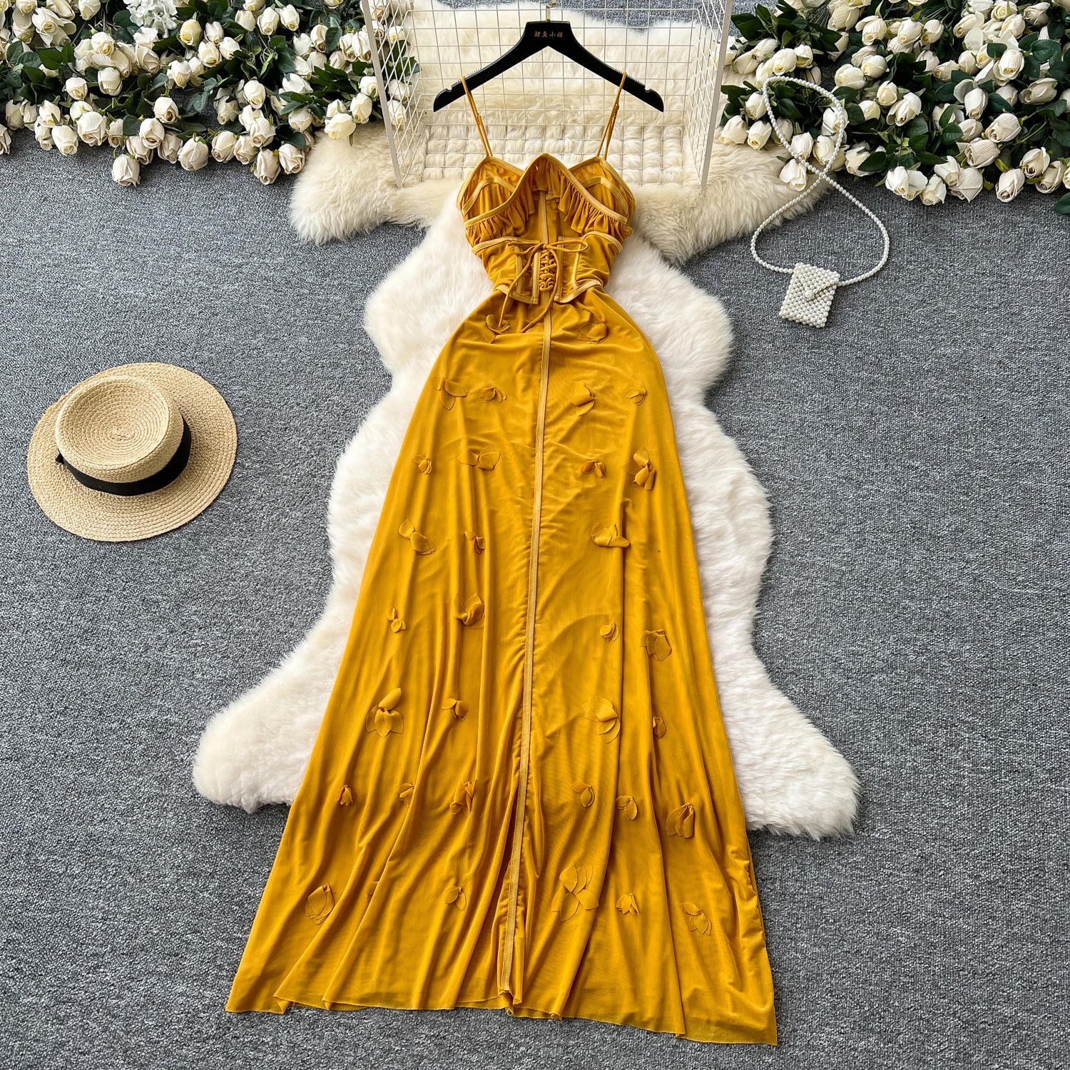 Summer Elegant Tunic Casual Midi Dress for Women Sleeveless 3D Lace Vestidos
