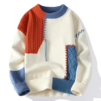 Autumn Winter Men's Knitted Sweaters Fashion Patchwork O-Neck Pullover