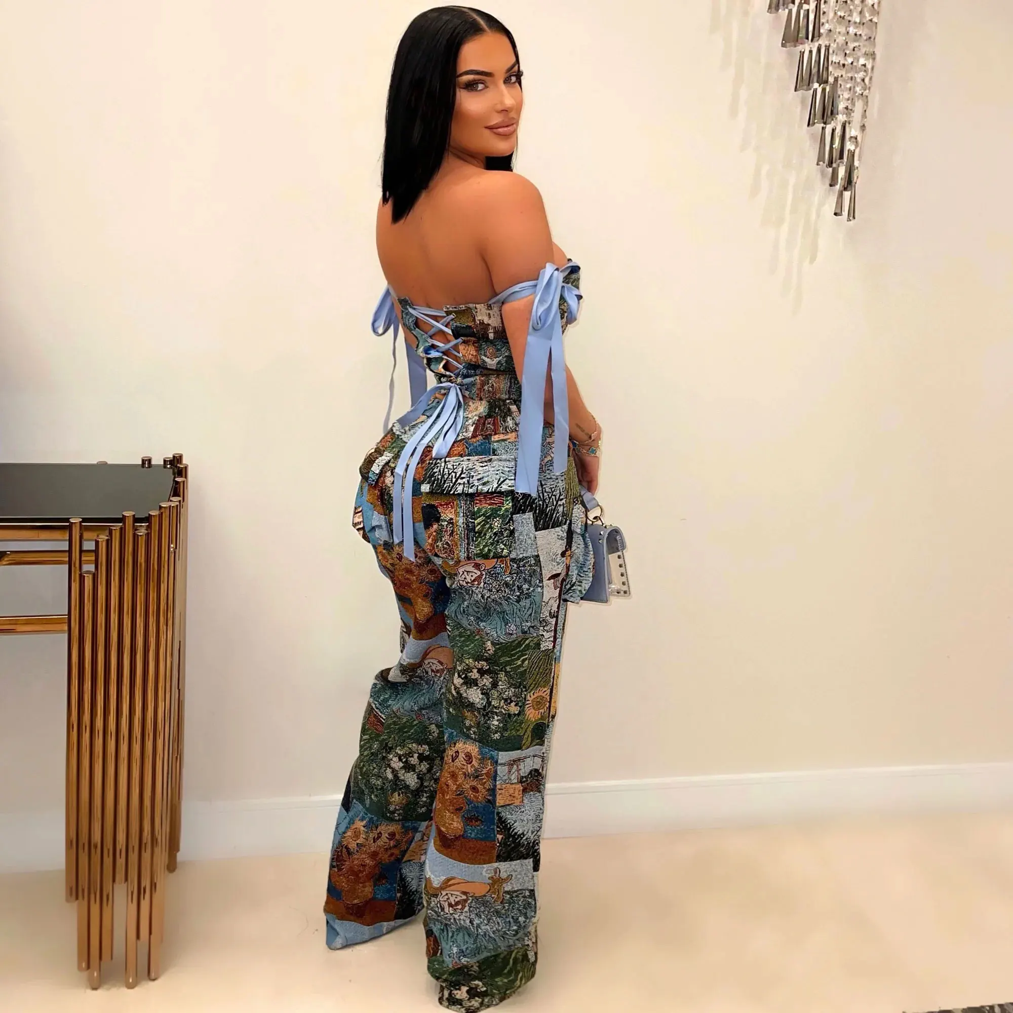 New Fall Print Two Pieces Pants Set With off Shoulder Tube Top Corset and Print Wide Leg Pants