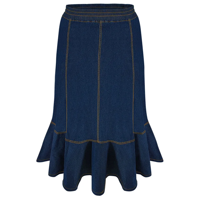 Y218536 Latest Design Plus Size Women Jean Skirt Elastic Waistband Ruffle  Long Denim Skirt for Women