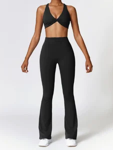 Women's Peach Ruched Solid Yoga Pants Elastic Waist Quick-Dry Full Length Flared Leg Spandex/Nylon 2-Piece Set