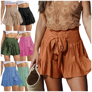 Casual Smocked Shorts Woman Ruffle Elastic Waist Belt Summer Wide Leg Bottoms Sports Running Custom Solid Women Shorts