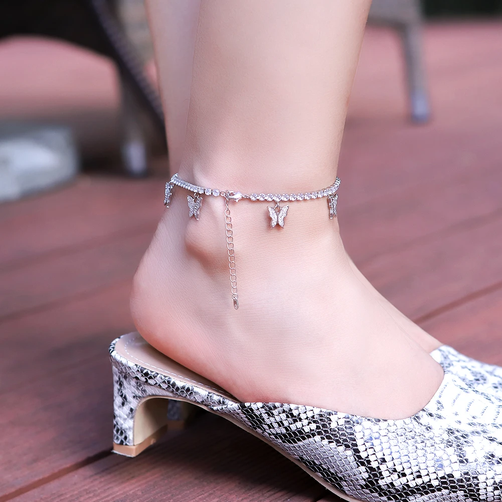 KRKC Bulk Girls Fake Diamond Zircon Sliver Rhinestone Anklet Set