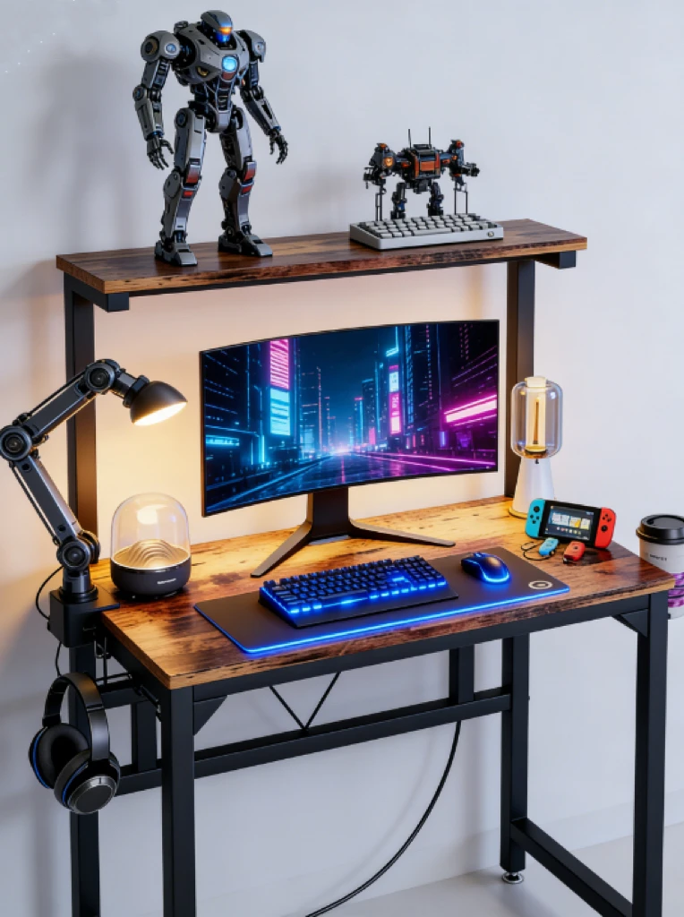 Rustic Wood Gaming Desk with Overhead Shelf & Organizers aperçu 4
