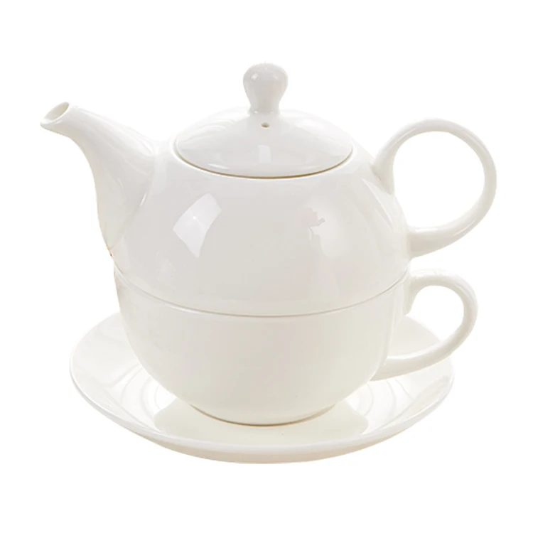 Custom Ceramic Tea for One Set Porcelain Teapot with Cup and Saucer Single Used Stackable Pot