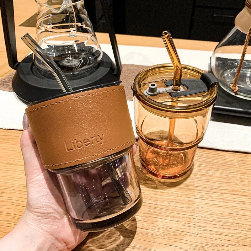 Modern and Classic Style Glass Coffee Cup with Lid and Straw Eco-Friendly and Sustainable for Tea Drinkware