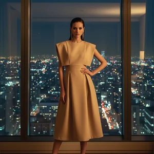 ZYHT 10832 Elegant Temperament Flying Sleeves High Waist Pleated Women Dress Champagne Big Swing a Line Dress