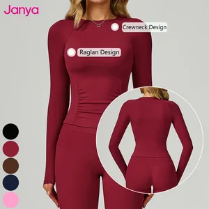 Janya Women Fit Naked Feel Round Neck Solid Slim Soft Stretchy Tummy Control Outdoor Sports Running Fitness Long Sleeve Yoga Top