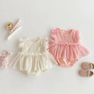 Summer Casual Baby Girl Dress Flying Sleeve Round O-Neck Lace with Mesh Baby Dress