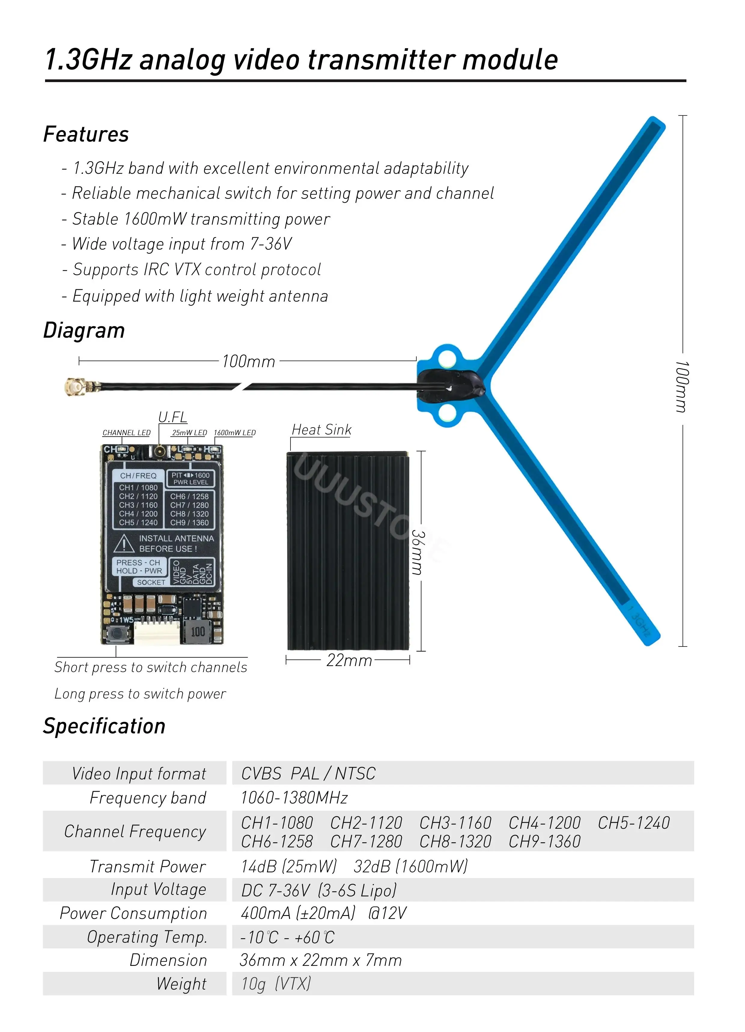 1.2GHz 1.3GHz 1600mW 1.6W VTX Audio Video 25mW/1600mW 9CH FPV Transmitter Module 7-36V for RC FPV drone Long Range details