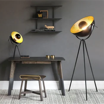 Industrial floor Lamp, Standing metal floor lamp for Living Room, stage lamp with black outside gold inside lampshade