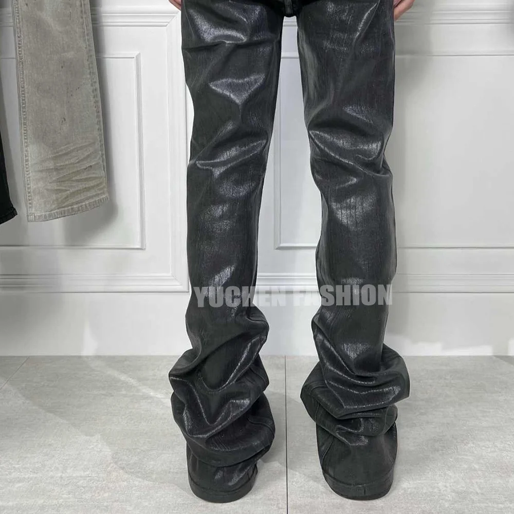 Vintage Wax Coated Denim Flare Jeans - Custom Distressed Men's