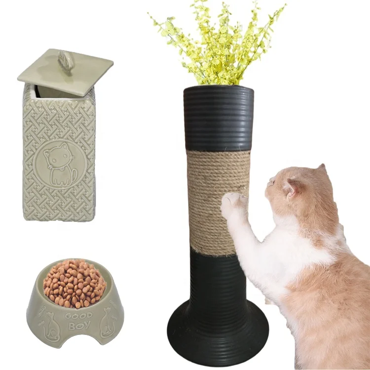 Customized Multifunctional Pet Accessories Cat Scratching Post With Heavy Ceramic Tall Floor Vase for Home Decoration
